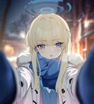  1girl akanora aqua_bow aqua_bowtie blonde_hair blue_archive blue_bow blue_cardigan blue_eyes blue_scarf blurry blurry_background blurry_foreground bow bowtie cardigan coat commentary earpiece fur-trimmed_coat fur_trim halo highres looking_at_viewer outstretched_arms scarf solo symbol-only_commentary toki_(blue_archive) tracen_winter_coat white_coat 