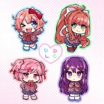  &gt;_o 4girls :o ;d arm_up arms_behind_back black_thighhighs blue_outline blue_skirt blush bow brown_hair brown_sweater_vest chibi chiimako closed_mouth collared_shirt commentary_request doki_doki_literature_club dress_shirt fang green_eyes green_outline grey_jacket hair_between_eyes hair_bow hair_intakes hair_ornament hair_ribbon halftone halftone_background hand_up hands_on_own_hips hands_up heart high_ponytail jacket lapels leaning_forward leg_up long_hair long_sleeves looking_at_viewer monika_(doki_doki_literature_club) multiple_girls natsuki_(doki_doki_literature_club) neck_ribbon one_eye_closed open_clothes open_jacket open_mouth outline pink_background pink_eyes pink_hair pink_outline pleated_skirt ponytail purple_hair purple_outline red_bow red_ribbon ribbon sayori_(doki_doki_literature_club) school_uniform shirt short_hair sidelocks simple_background skirt smile socks split_mouth sweater_vest swept_bangs teeth thigh-highs two_side_up upper_teeth_only v-shaped_eyebrows very_long_hair violet_eyes white_background white_bow white_shirt white_socks x_hair_ornament yuri_(doki_doki_literature_club) 