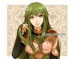  1girl armor artist_name breastplate commission dress english_commentary fire_emblem fire_emblem_echoes:_shadows_of_valentia green_dress green_eyes green_hair hand_in_own_hair long_hair looking_at_viewer palla_(fire_emblem) parted_lips schereas smile solo upper_body 