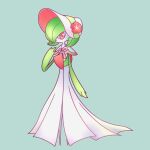  1girl aqua_background arm_at_side bob_cut bonnet capelet closed_mouth clothed_pokemon colored_skin commentary_request flat_chest flower free_butterfree full_body gardevoir gardevoir_(fashionable) green_hair green_skin hair_over_one_eye hand_up happy hat hat_flower highres looking_at_viewer multicolored_skin one_eye_covered pink_trim pokemon pokemon_(creature) pokemon_unite red_eyes red_flower short_hair simple_background smile solo standing two-tone_skin white_capelet white_headwear white_skin 