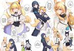  5girls absurdres animal_ears arknights arya_melati bare_shoulders black_coat black_gloves black_hair blaze_(arknights) blonde_hair blue_eyes braid braided_hair_rings cat_ears cat_girl cat_tail closed_mouth coat colored_tips doctor_(arknights) dress earpiece english_text female_doctor_(arknights) fox_ears fox_girl fox_tail gloves green_eyes green_hair grin hair_rings highres horse_ears horse_girl horse_tail kal&#039;tsit_(arknights) kitsune kyuubi long_sleeves lynx_ears lynx_girl multicolored_hair multiple_girls multiple_tails nearl_(arknights) nearl_the_radiant_knight_(arknights) no_mouth open_mouth orange_eyes own_hands_together parted_lips purple_dress smile speech_bubble suzuran_(arknights) tail teeth twin_braids white_hair 