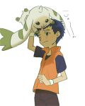  absurdres blue_hair blush child digimon digimon_(creature) digimon_tamers happy highres li_jianliang light_smile one_eye_closed orange_vest ramune_b simple_background terriermon vest white_background wristband 