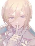  1boy bishounen blonde_hair blue_eyes blue_jacket colored_eyelashes ensemble_stars! finger_to_mouth gloves grey_background highres jacket looking_at_viewer male_focus multicolored_clothes multicolored_jacket ntec231 open_mouth short_hair shushing sketch smile solo tenshouin_eichi white_gloves white_jacket 