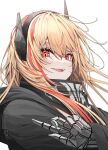  1girl artist_name bandana_around_neck black_jacket blonde_hair fangs girls_frontline headgear headphones highres jacket long_hair looking_at_viewer m4_sopmod_ii_(girls&#039;_frontline) mechanical_arms multicolored_hair open_mouth red_eyes redhead solo streaked_hair upper_body white_background yangie37 