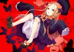  1girl abigail_williams_(fate) black_footwear blonde_hair bloomers blue_eyes bow bug butterfly fate/grand_order fate_(series) hair_bow hat looking_at_viewer multiple_hair_bows orange_bow polka_dot polka_dot_bow red_background robisonjr sleeves_past_fingers sleeves_past_wrists solo stuffed_animal stuffed_toy teddy_bear white_bloomers 