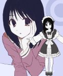  1girl alternate_costume azumanga_daioh black_eyes black_hair commentary dress enmaided etizojima expressionless frilled_dress frills full_body head_rest highres kasuga_ayumu lolita_fashion looking_at_viewer maid maid_headdress mary_janes medium_hair multiple_views outstretched_arms parted_lips school_uniform shoes sketch spread_arms upper_body wide_sleeves 