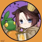  1boy animal_ears blue_eyes brown_hair brown_robe candy cat_ears chibi cosplay crown dated expressionless final_fantasy final_fantasy_viii fire food halloween halloween_costume hands_up hiryuu_(kana_h) holding holding_lantern hooded_robe lantern leaning_forward lollipop looking_to_the_side lowres male_focus mini_crown orange_background pumpkin purple_background robe scar scar_on_face short_hair signature sparkle squall_leonhart tonberry tonberry_(cosplay) upper_body wrapped_candy yellow_eyes 