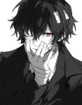  1boy bandage_over_one_eye bandaged_arm bandaged_neck bandages bungou_stray_dogs collared_shirt dazai_osamu_(bungou_stray_dogs) expressionless hair_between_eyes hand_on_own_face highres jacket looking_at_viewer male_focus monochrome nozz177 parted_lips red_eyes shirt short_hair sidelocks simple_background solo upper_body white_background 