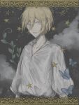  1boy blonde_hair blue_butterfly blue_eyes bug butterfly clouds collared_shirt ensemble_stars! gold_border leaf long_sleeves looking_at_viewer male_focus night night_sky ntec231 parted_lips plant shirt short_hair sky solo teeth tenshouin_eichi white_shirt 