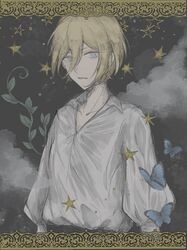  1boy blonde_hair blue_butterfly blue_eyes bug butterfly clouds collared_shirt ensemble_stars! gold_border leaf long_sleeves looking_at_viewer male_focus night night_sky ntec231 parted_lips plant shirt short_hair sky solo teeth tenshouin_eichi white_shirt 