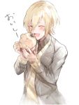  1boy blonde_hair blush brown_shirt closed_eyes coat eating ensemble_stars! food grey_coat holding holding_food long_sleeves male_focus ntec231 open_mouth shirt short_hair smile solo sweater tenshouin_eichi translation_request turtleneck yellow_sweater 