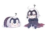  1girl ? ahoge armor black_armor black_cape black_thighhighs cape character_pillow chibi fang fate/grand_order fate_(series) flying_sweatdrops fur-trimmed_cape fur_trim headpiece highres jeanne_d&#039;arc_alter_(avenger)_(fate) jeanne_d&#039;arc_alter_(avenger)_(first_ascension)_(fate) jeanne_d&#039;arc_alter_(fate) mini_person minigirl open_mouth pillow roro_982 short_hair simple_background skin_fang solo thigh-highs torn_cape torn_clothes white_background white_hair yellow_eyes 
