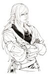  1boy arm_belt arm_pouch belt belt_pouch collared_jacket crossed_arms elezen elf estinien_varlineau final_fantasy final_fantasy_xiv from_side gloves greyscale hebi86070749 highres jacket light_smile lineart long_hair long_sleeves looking_ahead male_focus monochrome pointy_ears pouch scarf simple_background solo upper_body white_background 