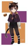  1boy :o aged_down alternate_costume animal_ears black_capelet black_footwear black_pants black_vest blue_eyes bow bowtie brown_hair capelet cat_boy cat_ears cat_tail child collar dated dot_mouth final_fantasy final_fantasy_viii frilled_collar frills full_body halloween halloween_costume high_collar hiryuu_(kana_h) jack-o&#039;-lantern long_sleeves looking_at_viewer male_focus orange_background pants paw_print puffy_long_sleeves puffy_sleeves purple_background purple_bow purple_bowtie shirt short_hair signature simple_background socks solo spider_web_print squall_leonhart striped striped_socks tail vest white_shirt 
