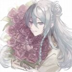  1boy androgynous blue_hair bouquet braid ensemble_stars! flower hair_bun half_updo hibiki_wataru holding holding_bouquet holding_flower leaf long_sleeves male_focus ntec231 red_flower red_rose rose shirt solo violet_eyes white_background white_shirt 