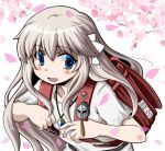  1girl 3010shiki backpack bag blue_eyes blush cherry_blossoms commentary_request crime_prevention_buzzer dress ender_lilies_quietus_of_the_knights grey_hair hair_ornament jewelry lily_(ender_lilies) long_hair necklace open_mouth pendant petals randoseru red_bag smile upper_body white_dress 