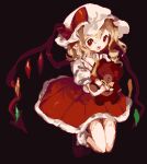  1girl black_background blonde_hair flandre_scarlet full_body hat highres holding holding_stuffed_toy looking_at_viewer medium_hair mob_cap open_mouth pointy_ears puffy_short_sleeves puffy_sleeves red_eyes red_skirt rrrssr sharp_teeth shoes short_sleeves simple_background skirt smile socks solo stuffed_animal stuffed_toy teddy_bear teeth touhou white_headwear white_socks 