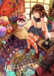  1girl absurdres antique_phone black_cat blue_skirt brown_hair cat checkered_floor daruma_doll fish fish_hair_ornament hair_ornament highres holding holding_phone original phone pink_eyes rotary_phone sitting skirt solo striped striped_thighhighs tamago_nezumi thigh-highs twintails 