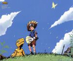  absurdres agumon blue_sky brown_shorts bug butterfly clouds cloudy_sky digimon digimon_(creature) digimon_adventure gloves goggles goggles_on_head grass highres shorts sky socks star_(symbol) wada_kouji white_gloves white_socks 