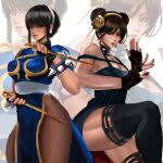  2girls bare_shoulders black_dress black_gloves black_hair black_thighhighs blue_dress bracelet brown_pantyhose bun_cover china_dress chinese_clothes chun-li chun-li_(cosplay) cosplay dagger double_bun dress earrings fighting_stance gloves gold_earrings gold_hairband gold_headband hair_bun hair_ornament hairband highres holding holding_dagger holding_knife holding_weapon jewelry kittymiya knife long_hair looking_at_viewer multiple_girls pantyhose pelvic_curtain puffy_short_sleeves puffy_sleeves reverse_grip sash short_sleeves smile spiked_bracelet spikes spy_x_family street_fighter street_fighter_6 thigh-highs two-sided_dress two-sided_fabric weapon yor_briar yor_briar_(cosplay) 