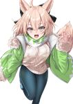  1girl absurdres ahoge animal_ears black_bow black_pants blonde_hair bow commentary_request fate/grand_order fate_(series) fingernails fur-trimmed_jacket fur-trimmed_sleeves fur_trim green_jacket grey_eyes hair_between_eyes hair_bow highres jacket long_sleeves looking_at_viewer nglhonn official_alternate_costume okita_souji_(dream_portrait)_(fate) okita_souji_(fate) open_clothes open_jacket open_mouth pants pink_nails pink_sweater scarf short_hair simple_background smile solo standing standing_on_one_leg sweater tail white_background yoga_pants 