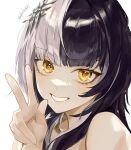  1girl absurdres bare_shoulders black_hair eyelashes highres hololive hololive_english long_hair looking_at_viewer multicolored_hair santafe99 shiori_novella signature smile split-color_hair twitter_username virtual_youtuber w white_hair yellow_eyes 