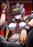  1girl black_headwear black_pants breasts cigarette english_text girls_frontline glasses gloves grey_hair gun highres large_breasts looking_at_viewer pants red_background red_eyes senpaihawkkun shirt smile smoking solo stomach submachine_gun thompson_(girls&#039;_frontline) thompson_submachine_gun unzipped weapon white_shirt yellow_gloves 