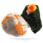  artist_name copyright_notice egg_yolk email_address food food_focus highres no_humans onigiri original rice salmon simple_background uroyama_(macrophage) white_background 