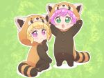 2girls :3 :d animal_hood arms_up blonde_hair blush chibi commentary_request cosplay fake_tail floral_background full_body green_background green_eyes hand_on_own_chin hood hood_up idol_time_pripara ikzw kigurumi long_sleeves looking_at_viewer manaka_laala multiple_girls open_mouth outstretched_arms pretty_series pripara purple_hair red_panda_costume seiza short_hair sitting smile tail violet_eyes yumekawa_yui 