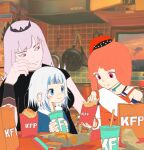  3girls artist_request bag blue_eyes blue_hair blue_hoodie chicken_nuggets food french_fries gawr_gura gawr_gura_(1st_costume) hololive hololive_english hood hoodie ketchup kfp kitchen long_hair medium_hair mori_calliope multicolored_hair multiple_girls orange_hair paper_bag pink_hair red_eyes soda streaked_hair takanashi_kiara takanashi_kiara_(1st_costume) violet_eyes virtual_youtuber white_hair 