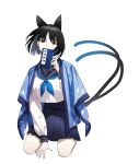  1girl absurdres animal_ears black_eyes black_hair black_nails black_sailor_collar black_skirt blue_archive blue_halo blue_neckerchief book bright_pupils cat_ears cat_tail fingernails halo heianjian highres holding holding_book kikyou_(blue_archive) long_sleeves looking_at_viewer multiple_tails nail_polish neckerchief pleated_skirt sailor_collar school_uniform serafuku short_hair simple_background skirt solo tail two_tails white_background white_pupils 