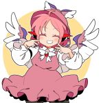  1girl animal_ears bird_ears bird_wings blush brown_dress brown_headwear cowboy_shot dress facing_viewer frilled_dress frilled_sleeves frills grin hat ini_(inunabe00) long_sleeves mystia_lorelei pink_hair short_hair sleeve_garter smile solo touhou white_wings winged_hat wings 