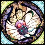  animal_focus black_border blank_eyes border bug butterfly butterfree commentary_request fangs free_butterfree highres light_particles no_humans partial_commentary pokemon pokemon_(creature) red_eyes solo stained_glass 