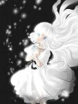  1girl black_background black_ribbon blue_eyes commentary_request crying crying_with_eyes_open dress ender_lilies_quietus_of_the_knights floating_hair hair_ornament highres jewelry kyon_mama lily_(ender_lilies) long_hair necklace pendant ribbon solo tears white_dress white_hair 