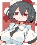  1girl black_hair black_necktie breasts closed_mouth hair_between_eyes hat massakasama necktie pointy_ears pom_pom_(clothes) red_background red_eyes red_headwear shameimaru_aya short_hair short_sleeves simple_background solo tokin_hat touhou upper_body 