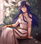  1girl armlet artist_name bare_shoulders blue_eyes blue_hair bracelet closed_mouth dress fire_emblem fire_emblem_awakening fire_emblem_heroes flower hair_between_eyes hair_flower hair_ornament highres jewelry long_hair looking_at_viewer lucina_(fire_emblem) lucina_(valentine)_(fire_emblem) official_alternate_costume schereas sitting sleeveless sleeveless_dress smile solo white_dress 