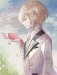  1boy blonde_hair blue_eyes blue_sky brown_vest clouds cloudy_sky coat ensemble_stars! facing_to_the_side flower grey_coat holding holding_flower leaf long_sleeves looking_down male_focus ntec231 petals pink_flower pink_rose rose shirt short_hair sky solo tenshouin_eichi vest white_shirt 