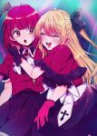  2girls arima_kana black_gloves black_headwear black_ribbon blonde_hair bob_cut closed_eyes gloves hair_ribbon hat highres hoshino_ruby idol idol_clothes inverted_bob long_hair multiple_girls open_mouth oshi_no_ko pink_gloves red_eyes red_shirt redhead ribbon rumic_0620 shirt short_hair smile 