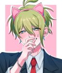  1boy amami_rantaro animal_ears antenna_hair blush border bracelet cat_ears collared_shirt danganronpa_(series) danganronpa_v3:_killing_harmony earrings fake_animal_ears green_eyes green_hair grey_shirt grin hair_between_eyes highres jewelry long_sleeves looking_at_viewer male_focus necktie outline pink_background portrait red_necktie ru_nru_n_(kei05972312) school_uniform shirt smile solo sweatdrop teeth white_border white_outline 