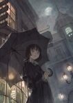  1girl black_dress black_hair black_umbrella bob_cut clouds dress european_architecture expressionless frilled_dress frilled_sleeves frills from_below highres holding holding_umbrella hotatenshi light long_sleeves original outdoors pole rain solo teeth umbrella 