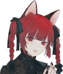  1girl absurdres animal_ears black_bow black_nails black_shirt bow bowtie braid cat_ears cat_girl collar commentary_request daimaou_ruaeru frilled_collar frills hair_bow highres kaenbyou_rin lips long_hair looking_at_viewer nekomata red_eyes redhead shirt simple_background smile solo touhou twin_braids upper_body white_background 