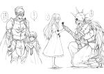  1girl 2boys armor cape closed_mouth commentary_request ender_lilies_quietus_of_the_knights flower from_side full_armor full_body greyscale holding holding_flower kneeling knight knight_captain_julius lily_(ender_lilies) long_hair monochrome multiple_boys multiple_views sketch smile sorakaze_(mire) spiked_helmet translation_request ulv_the_mad_knight 