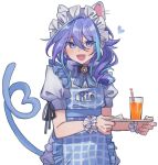  1boy animal_ears apron bell black_ribbon blue_apron blue_eyes blue_hair cat_ears cat_tail character_name creepyday crossdressing dress drinking_straw english_text frilled_apron frilled_headwear frilled_wrist_cuffs frills glass grid_print hair_between_eyes heart heart_tail holding holding_plate holostars jingle_bell long_hair looking_at_viewer maid maid_apron maid_headdress male_focus minase_rio multicolored_hair neck_ribbon open_mouth plate puffy_short_sleeves puffy_sleeves purple_hair purple_ribbon ribbon short_sleeves sleeve_ribbon slit_pupils smile solo streaked_hair tail virtual_youtuber white_background white_dress 