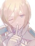  1boy bishounen blonde_hair blue_eyes blue_jacket colored_eyelashes ensemble_stars! gloves grey_background highres jacket looking_at_viewer male_focus multicolored_clothes multicolored_jacket ntec231 one_eye_closed short_hair sketch smile solo teeth tenshouin_eichi white_gloves white_jacket 