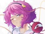  1girl black_hairband close-up hairband heart highres komeiji_satori looking_at_viewer one_eye_closed open_mouth portrait purple_hair satria_(knight-san) short_hair solo touhou violet_eyes white_background 