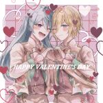  2boys blonde_hair blue_eyes blue_hair border closed_mouth ensemble_stars! gloves happy_valentine heart heart_hands heart_hands_duo hibiki_wataru highres jacket male_focus multiple_boys ntec231 one_eye_closed open_mouth pants pink_background short_hair smile tenshouin_eichi violet_eyes white_border white_gloves white_jacket white_pants 