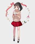  1girl bare_legs black_footwear black_hair blush cherry food fruit fukuyama_mai full_body high_ponytail ich. idolmaster idolmaster_cinderella_girls patterned_background plaid plaid_skirt ponytail red_ribbon red_skirt ribbon skirt smile snowflakes snowman solo star_(symbol) sweater white_sweater 