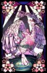  alternate_color black_border black_eyes border cherry_blossoms commentary_request flower free_butterfree full_body highres light_rays looking_up lugia outside_border partial_commentary pink_flower pokemon pokemon_(creature) shiny_pokemon stained_glass standing 