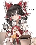  ... 1girl 1other absurdres ascot bow brown_hair coffee coffee_maker coffee_mug commentary cup detached_sleeves disembodied_limb english_commentary frilled_bow frilled_hair_tubes frills hair_bow hair_tubes hakurei_reimu highres holding holding_ascot holding_cup medium_hair messy_hair moka_pot mug multiple_hair_bows nontraditional_miko ougiikun pov pov_hands red_bow ribbon ribbon-trimmed_sleeves ribbon_trim simple_background touhou violet_eyes white_background yellow_ascot 