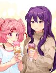  2girls blush bra_strap brown_sweater chiimako closed_mouth collarbone commentary_request doki_doki_literature_club double_scoop eyelashes food hair_between_eyes hair_intakes hair_ornament hair_ribbon hairclip hand_up hands_up holding holding_food holding_ice_cream ice_cream ice_cream_cone long_hair long_sleeves multiple_girls natsuki_(doki_doki_literature_club) pink_eyes pink_hair purple_hair red_ribbon ribbed_sweater ribbon shirt short_hair short_sleeves sidelocks simple_background smile sweater swept_bangs t-shirt tongue tongue_out triple_wielding turtleneck turtleneck_sweater two_side_up upper_body violet_eyes white_background white_shirt x_hair_ornament yellow_background yuri_(doki_doki_literature_club) 